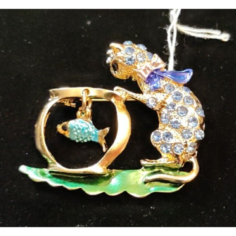 Blue Rhinestone Cat & Fish Bowl Brooch 1.5" Wide X 1.5" Long